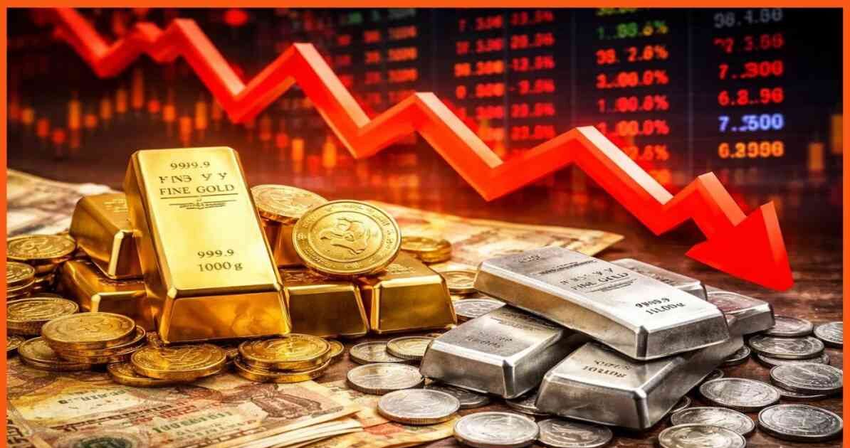 भारत में सोना और चांदी की कीमतों में गिरावट दिखाता बाजार दृश्य