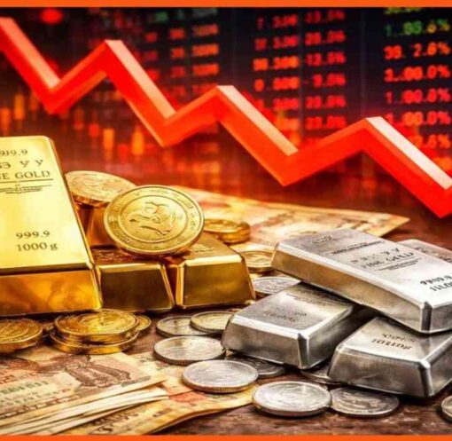 भारत में सोना और चांदी की कीमतों में गिरावट दिखाता बाजार दृश्य