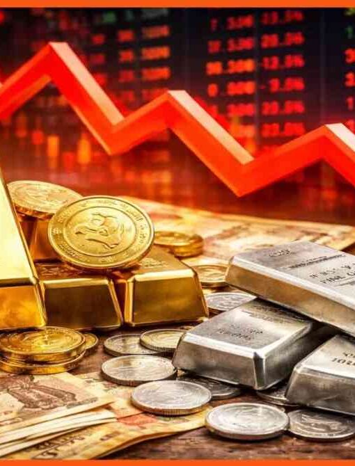 भारत में सोना और चांदी की कीमतों में गिरावट दिखाता बाजार दृश्य