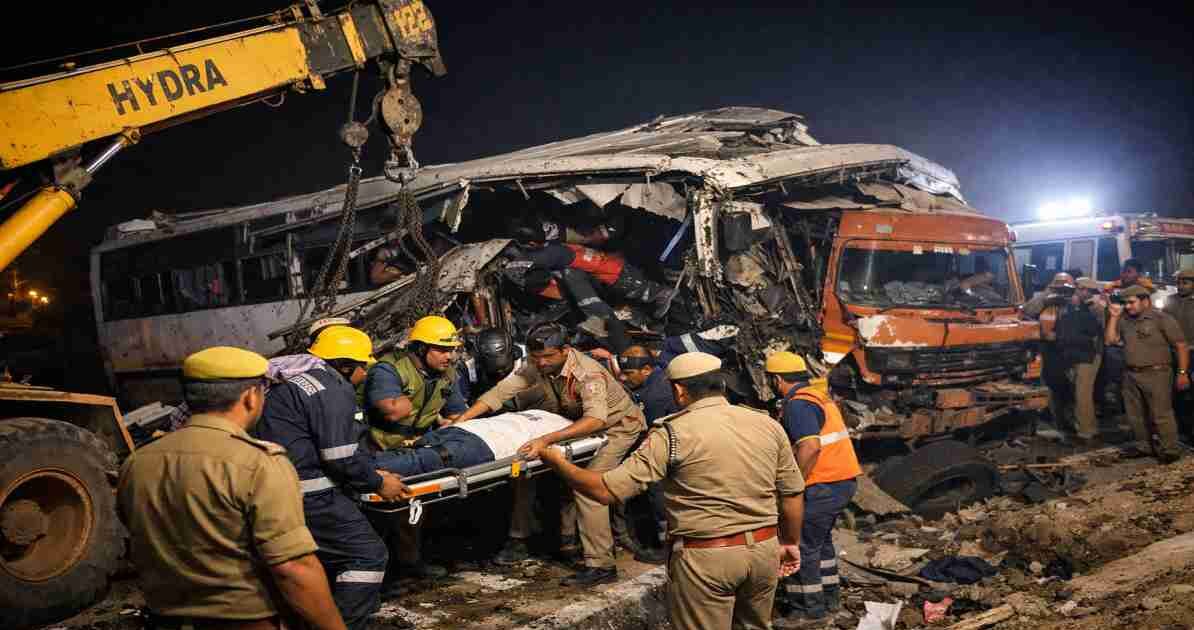 हापुड़ में रात के समय हुए बस और ट्रक हादसे के बाद रेस्क्यू ऑपरेशन का दृश्य, जिसमें पुलिस और टीम घायलों को निकाल रही है