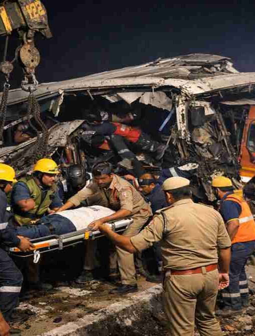 हापुड़ में रात के समय हुए बस और ट्रक हादसे के बाद रेस्क्यू ऑपरेशन का दृश्य, जिसमें पुलिस और टीम घायलों को निकाल रही है