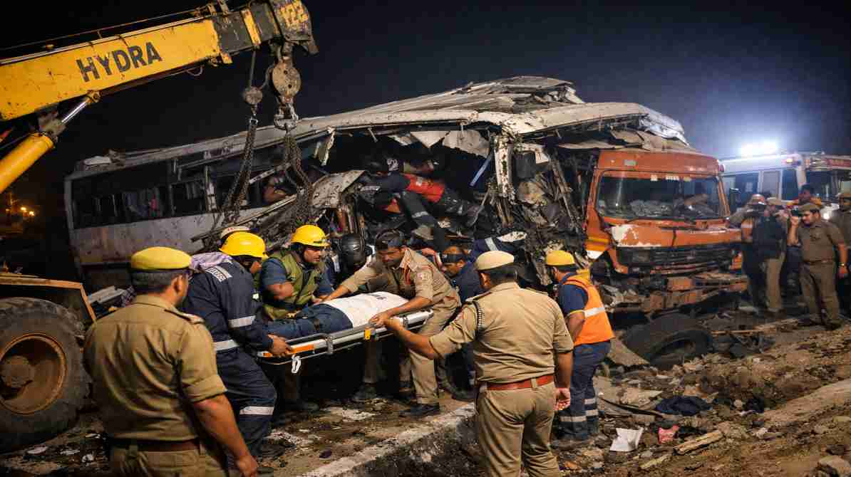 हापुड़ में रात के समय हुए बस और ट्रक हादसे के बाद रेस्क्यू ऑपरेशन का दृश्य, जिसमें पुलिस और टीम घायलों को निकाल रही है