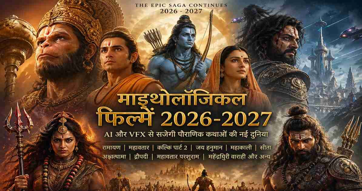 एक भव्य सिनेमैटिक दृश्य जिसमें पौराणिक युद्ध, आधुनिक VFX इफेक्ट्स और दिव्य किरदारों को दिखाया गया है, जो भारतीय माइथोलॉजिकल फिल्मों की झलक देता है।