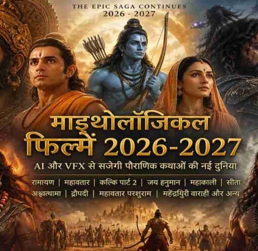 एक भव्य सिनेमैटिक दृश्य जिसमें पौराणिक युद्ध, आधुनिक VFX इफेक्ट्स और दिव्य किरदारों को दिखाया गया है, जो भारतीय माइथोलॉजिकल फिल्मों की झलक देता है।
