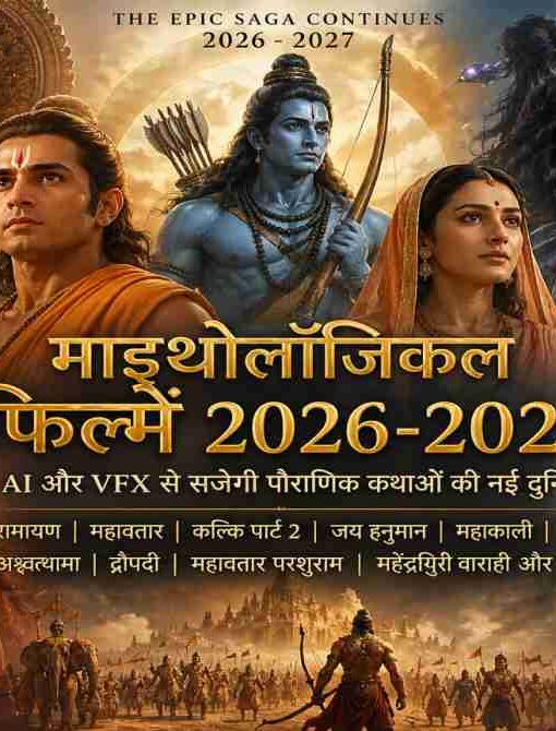 एक भव्य सिनेमैटिक दृश्य जिसमें पौराणिक युद्ध, आधुनिक VFX इफेक्ट्स और दिव्य किरदारों को दिखाया गया है, जो भारतीय माइथोलॉजिकल फिल्मों की झलक देता है।