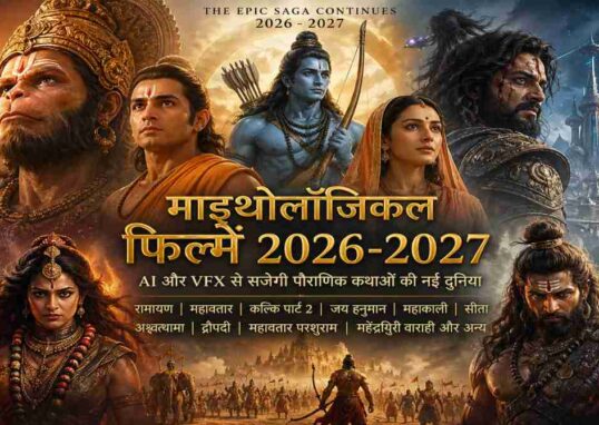 एक भव्य सिनेमैटिक दृश्य जिसमें पौराणिक युद्ध, आधुनिक VFX इफेक्ट्स और दिव्य किरदारों को दिखाया गया है, जो भारतीय माइथोलॉजिकल फिल्मों की झलक देता है।