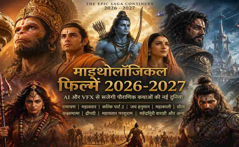 एक भव्य सिनेमैटिक दृश्य जिसमें पौराणिक युद्ध, आधुनिक VFX इफेक्ट्स और दिव्य किरदारों को दिखाया गया है, जो भारतीय माइथोलॉजिकल फिल्मों की झलक देता है।