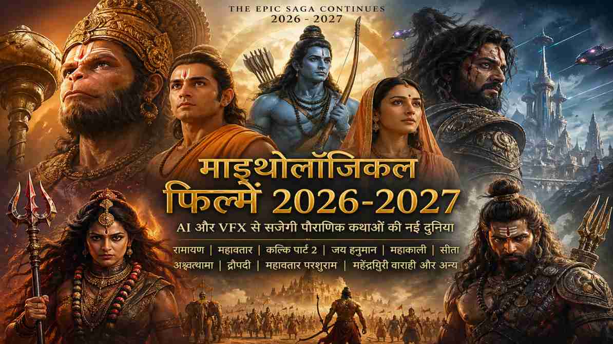 एक भव्य सिनेमैटिक दृश्य जिसमें पौराणिक युद्ध, आधुनिक VFX इफेक्ट्स और दिव्य किरदारों को दिखाया गया है, जो भारतीय माइथोलॉजिकल फिल्मों की झलक देता है।