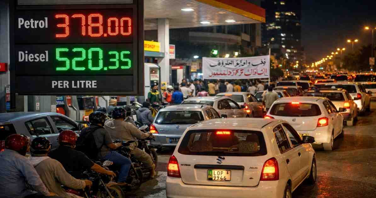 पेट्रोल पंप पर खड़ी गाड़ियां और बढ़ती कीमतों का प्रतीकात्मक दृश्य, जो पाकिस्तान पेट्रोल संकट को दर्शाता है।
