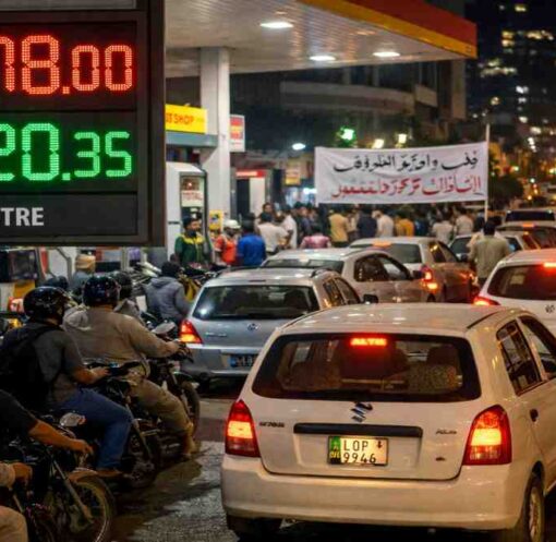 पेट्रोल पंप पर खड़ी गाड़ियां और बढ़ती कीमतों का प्रतीकात्मक दृश्य, जो पाकिस्तान पेट्रोल संकट को दर्शाता है।