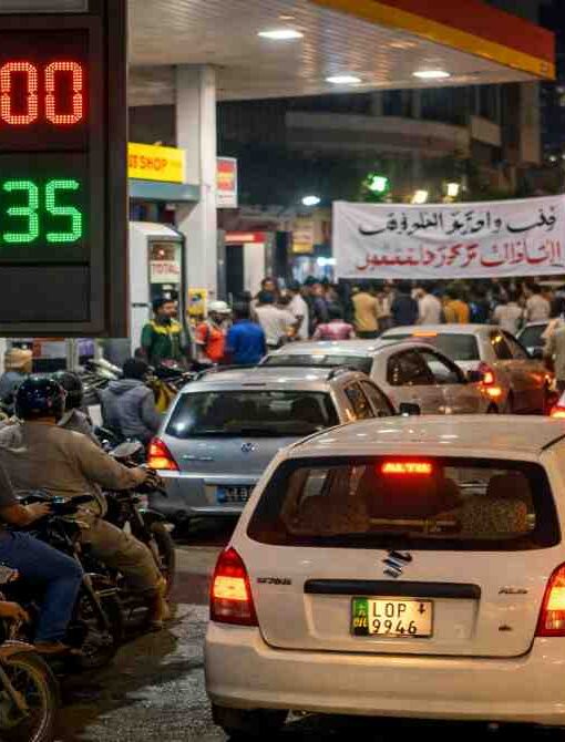 पेट्रोल पंप पर खड़ी गाड़ियां और बढ़ती कीमतों का प्रतीकात्मक दृश्य, जो पाकिस्तान पेट्रोल संकट को दर्शाता है।