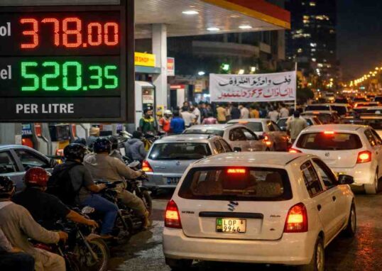 पेट्रोल पंप पर खड़ी गाड़ियां और बढ़ती कीमतों का प्रतीकात्मक दृश्य, जो पाकिस्तान पेट्रोल संकट को दर्शाता है।