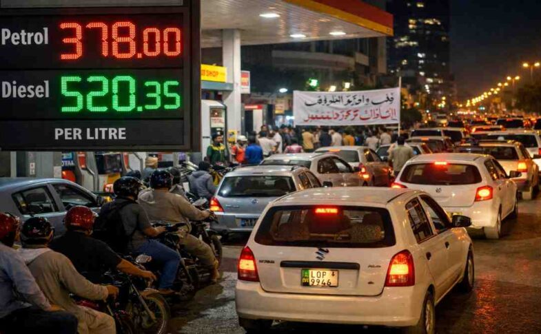 पेट्रोल पंप पर खड़ी गाड़ियां और बढ़ती कीमतों का प्रतीकात्मक दृश्य, जो पाकिस्तान पेट्रोल संकट को दर्शाता है।