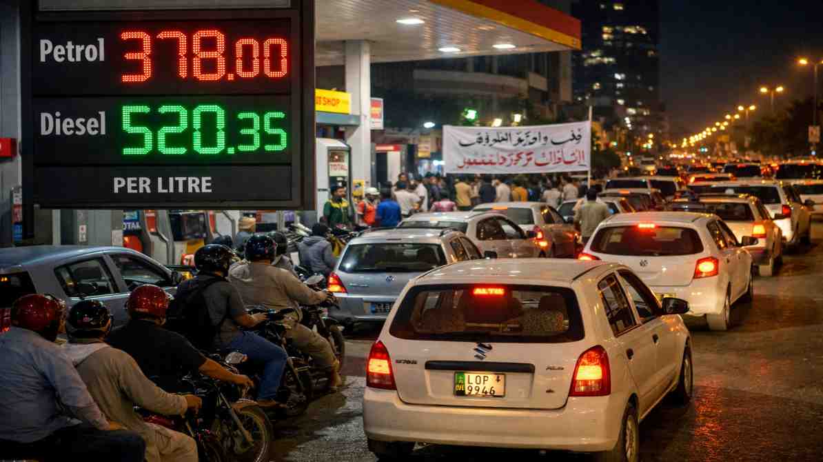 पेट्रोल पंप पर खड़ी गाड़ियां और बढ़ती कीमतों का प्रतीकात्मक दृश्य, जो पाकिस्तान पेट्रोल संकट को दर्शाता है।