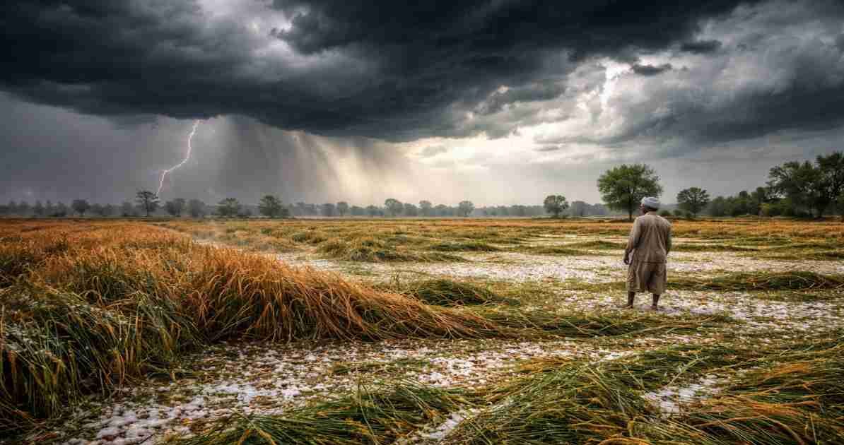 उत्तर भारत में वेस्टर्न डिस्टर्बेंस के कारण खराब मौसम और फसलों को हुआ नुकसान दर्शाता दृश्य