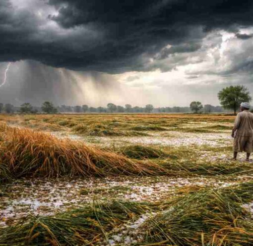 उत्तर भारत में वेस्टर्न डिस्टर्बेंस के कारण खराब मौसम और फसलों को हुआ नुकसान दर्शाता दृश्य