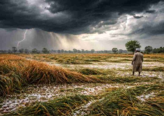 उत्तर भारत में वेस्टर्न डिस्टर्बेंस के कारण खराब मौसम और फसलों को हुआ नुकसान दर्शाता दृश्य