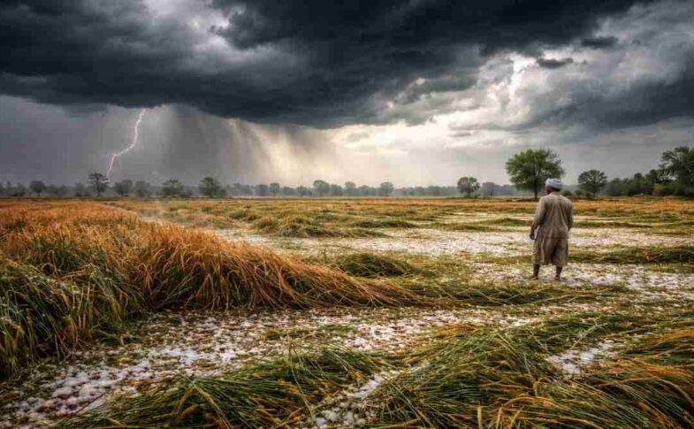 उत्तर भारत में वेस्टर्न डिस्टर्बेंस के कारण खराब मौसम और फसलों को हुआ नुकसान दर्शाता दृश्य