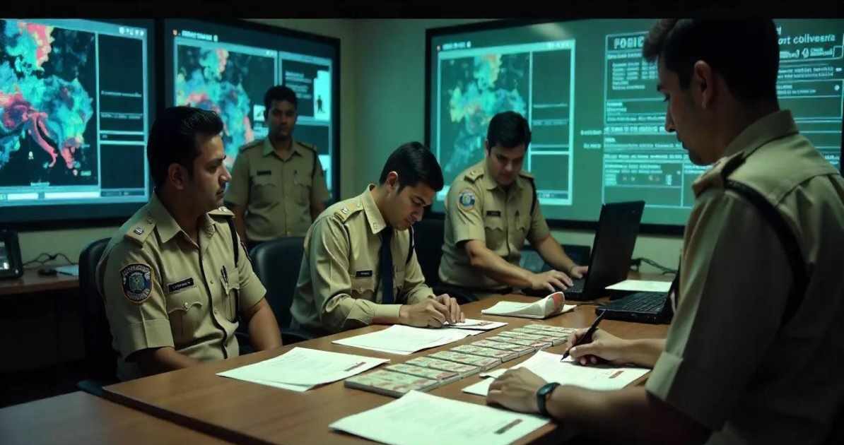 भारत में साइबर अपराध जांच, पुलिस और डिजिटल डेटा सुरक्षा से जुड़ा दृश्य
