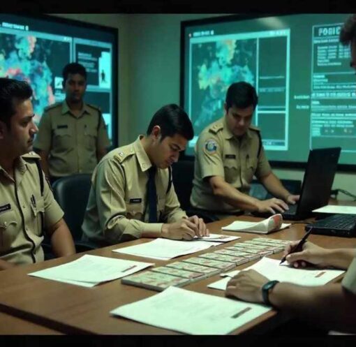 भारत में साइबर अपराध जांच, पुलिस और डिजिटल डेटा सुरक्षा से जुड़ा दृश्य