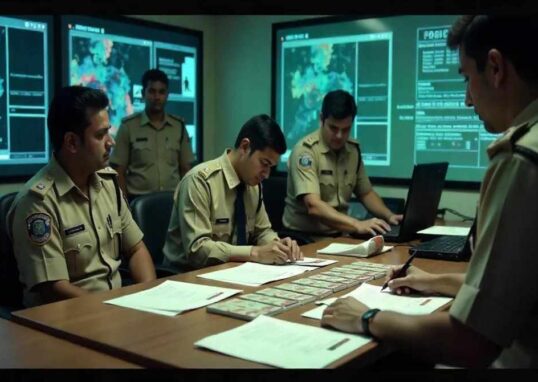 भारत में साइबर अपराध जांच, पुलिस और डिजिटल डेटा सुरक्षा से जुड़ा दृश्य