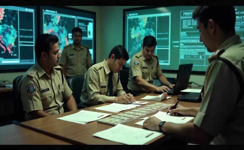 भारत में साइबर अपराध जांच, पुलिस और डिजिटल डेटा सुरक्षा से जुड़ा दृश्य