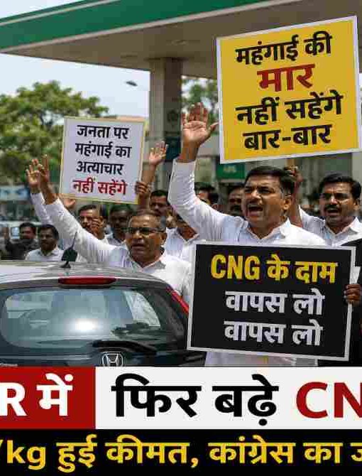 दिल्ली के पेट्रोल पंप के बाहर बढ़ती CNG कीमतों के विरोध में प्रदर्शन करते लोग और वाहनों की लंबी कतार।
