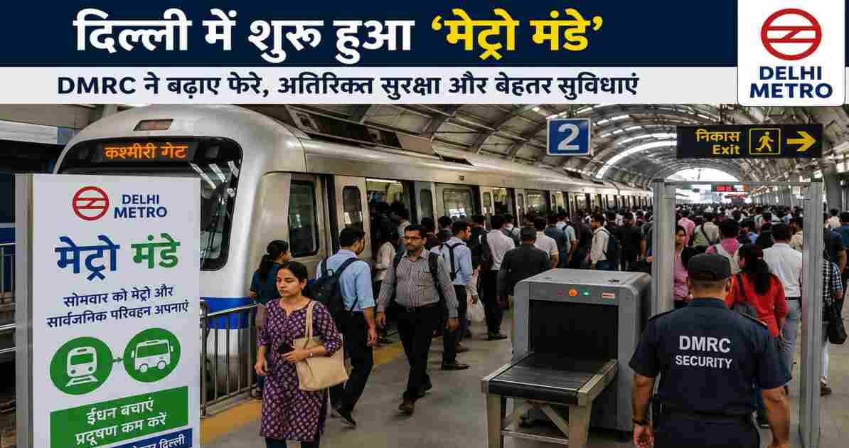 दिल्ली मेट्रो स्टेशन पर यात्रियों की भीड़, अतिरिक्त सुरक्षा जांच और मेट्रो मंडे अभियान को दर्शाती तस्वीर।