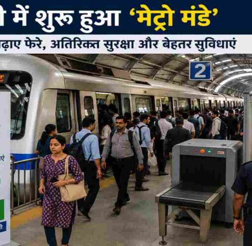 दिल्ली मेट्रो स्टेशन पर यात्रियों की भीड़, अतिरिक्त सुरक्षा जांच और मेट्रो मंडे अभियान को दर्शाती तस्वीर।