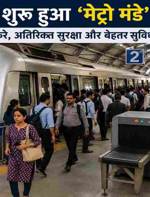 दिल्ली मेट्रो स्टेशन पर यात्रियों की भीड़, अतिरिक्त सुरक्षा जांच और मेट्रो मंडे अभियान को दर्शाती तस्वीर।