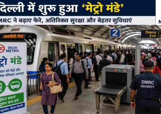 दिल्ली मेट्रो स्टेशन पर यात्रियों की भीड़, अतिरिक्त सुरक्षा जांच और मेट्रो मंडे अभियान को दर्शाती तस्वीर।