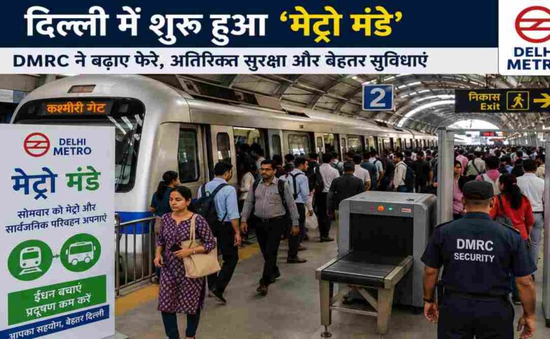 दिल्ली मेट्रो स्टेशन पर यात्रियों की भीड़, अतिरिक्त सुरक्षा जांच और मेट्रो मंडे अभियान को दर्शाती तस्वीर।