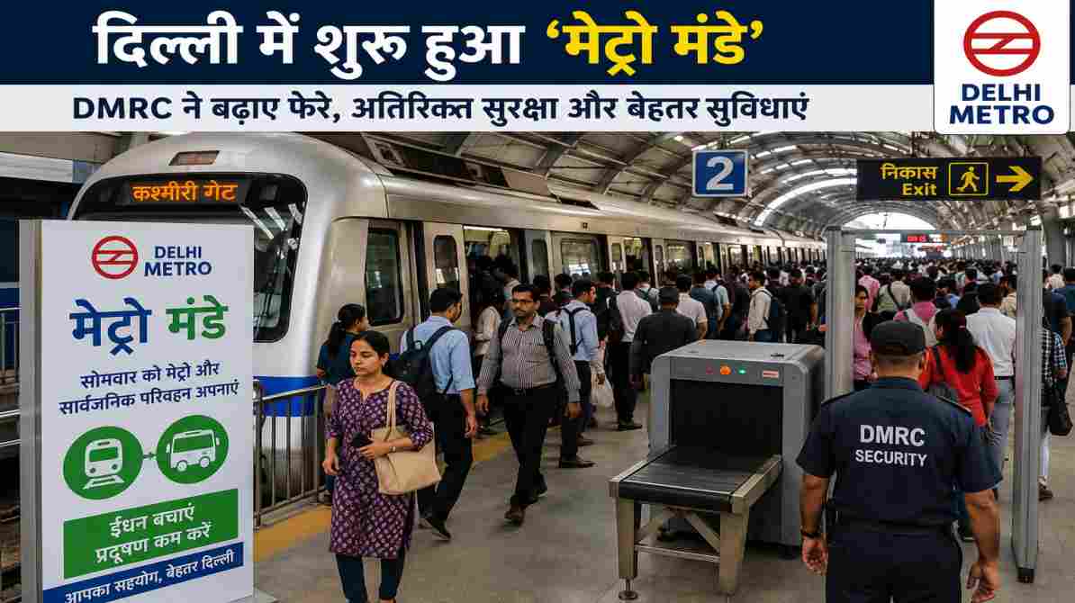 दिल्ली मेट्रो स्टेशन पर यात्रियों की भीड़, अतिरिक्त सुरक्षा जांच और मेट्रो मंडे अभियान को दर्शाती तस्वीर।