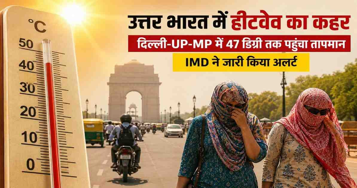 उत्तर भारत हीटवेव के दौरान दिल्ली में तेज धूप और गर्म हवाओं से परेशान लोग, सड़क पर गर्मी का असर दिखाता दृश्य।