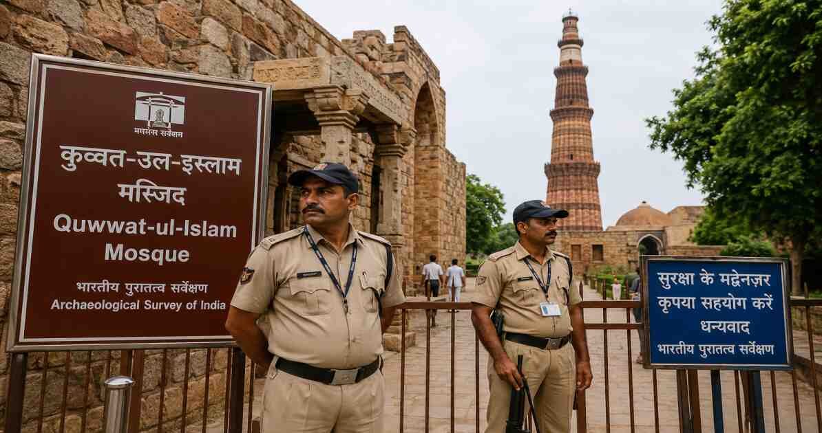 दिल्ली के कुतुब मीनार परिसर स्थित कुव्वत-उल-इस्लाम मस्जिद में बढ़ी सुरक्षा व्यवस्था और निगरानी करते सुरक्षाकर्मी।