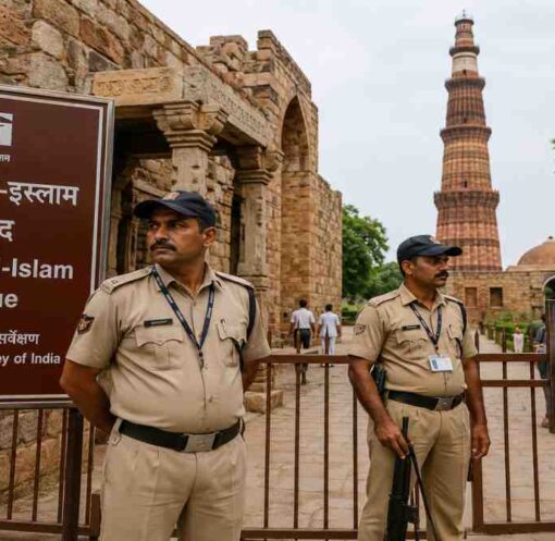 दिल्ली के कुतुब मीनार परिसर स्थित कुव्वत-उल-इस्लाम मस्जिद में बढ़ी सुरक्षा व्यवस्था और निगरानी करते सुरक्षाकर्मी।