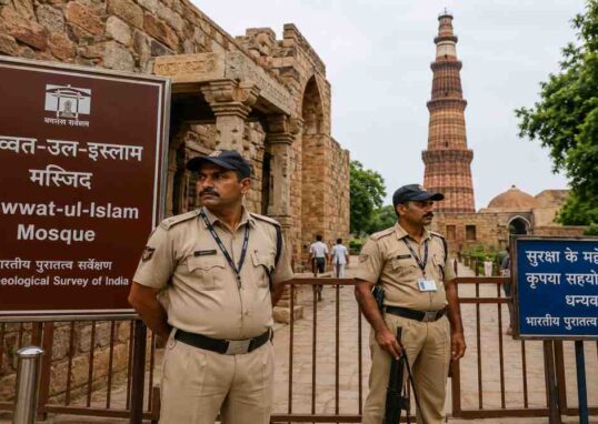 दिल्ली के कुतुब मीनार परिसर स्थित कुव्वत-उल-इस्लाम मस्जिद में बढ़ी सुरक्षा व्यवस्था और निगरानी करते सुरक्षाकर्मी।