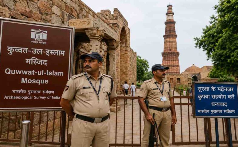 दिल्ली के कुतुब मीनार परिसर स्थित कुव्वत-उल-इस्लाम मस्जिद में बढ़ी सुरक्षा व्यवस्था और निगरानी करते सुरक्षाकर्मी।