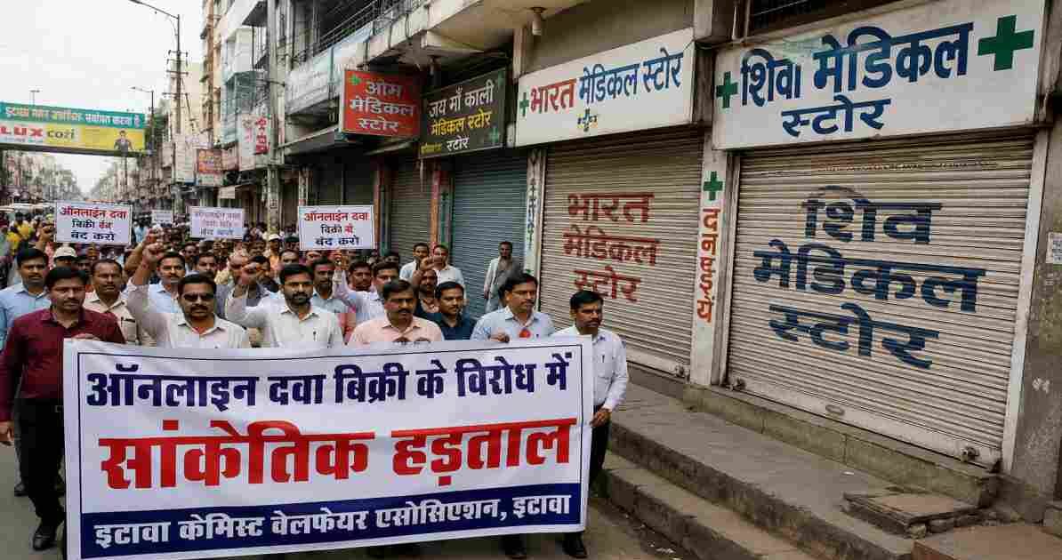 इटावा शहर में ऑनलाइन दवा बिक्री के विरोध में प्रदर्शन करते केमिस्ट और बंद पड़े मेडिकल स्टोर का दृश्य।