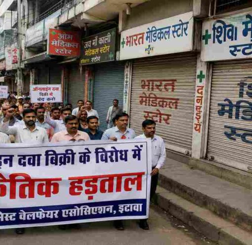 इटावा शहर में ऑनलाइन दवा बिक्री के विरोध में प्रदर्शन करते केमिस्ट और बंद पड़े मेडिकल स्टोर का दृश्य।