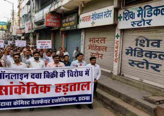 इटावा शहर में ऑनलाइन दवा बिक्री के विरोध में प्रदर्शन करते केमिस्ट और बंद पड़े मेडिकल स्टोर का दृश्य।