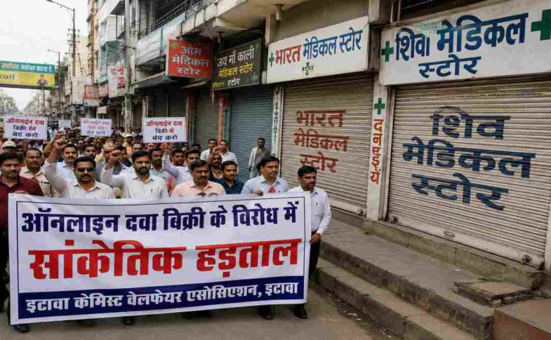 इटावा शहर में ऑनलाइन दवा बिक्री के विरोध में प्रदर्शन करते केमिस्ट और बंद पड़े मेडिकल स्टोर का दृश्य।