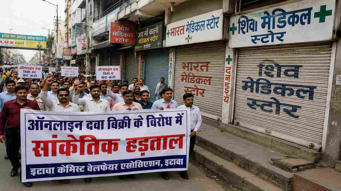 इटावा में Online Medicine विरोध तेज, मेडिकल स्टोर बंद होने से मरीज परेशान