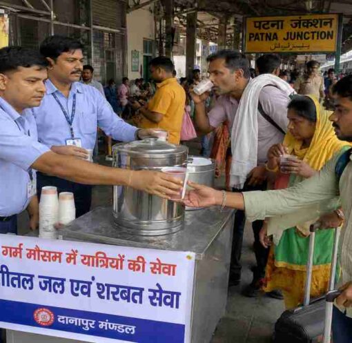 भीषण गर्मी के दौरान पटना जंक्शन प्लेटफॉर्म पर यात्रियों को शरबत और ठंडा पानी बांटते रेलवे कर्मचारी का दृश्य।
