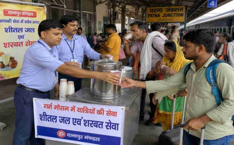 भीषण गर्मी के दौरान पटना जंक्शन प्लेटफॉर्म पर यात्रियों को शरबत और ठंडा पानी बांटते रेलवे कर्मचारी का दृश्य।