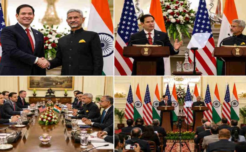 हैदराबाद हाउस में आयोजित प्रेस कॉन्फ्रेंस के दौरान भारत और अमेरिका के विदेश मंत्री रणनीतिक साझेदारी, वीजा और रक्षा सहयोग पर चर्चा करते हुए।
