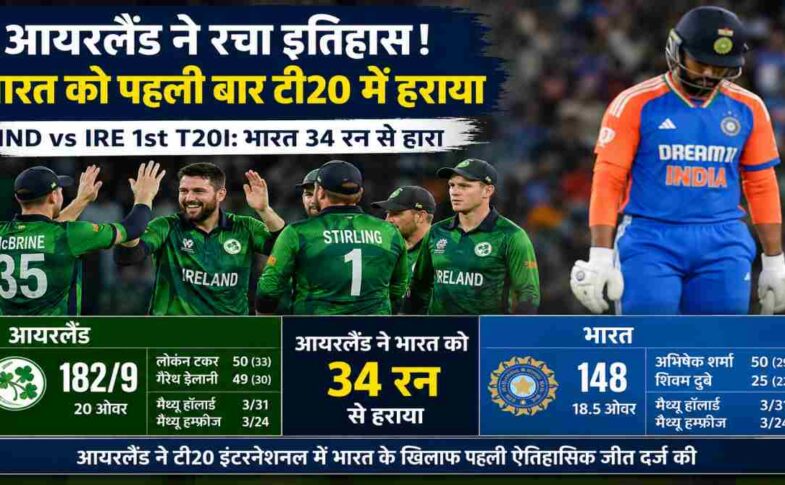 बेलफास्ट में खेले गए IND vs IRE 1st T20I मैच के दौरान भारतीय और आयरलैंड के खिलाड़ी। इस मुकाबले में आयरलैंड ने पहली बार टी20 इंटरनेशनल में भारत को हराया।