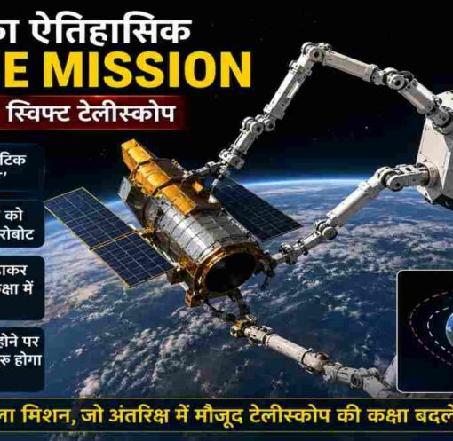 NASA Rescue Mission में रोबोटिक स्पेसक्राफ्ट द्वारा स्विफ्ट स्पेस टेलीस्कोप को ऊंची कक्षा में ले जाने का सांकेतिक दृश्य।