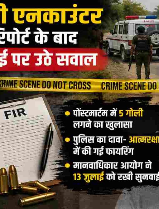 भोजपुर के भरत तिवारी एनकाउंटर मामले से जुड़ी प्रतीकात्मक तस्वीर, जिसमें पुलिस जांच, पोस्टमार्टम रिपोर्ट और न्यायिक जांच को दर्शाया गया है।