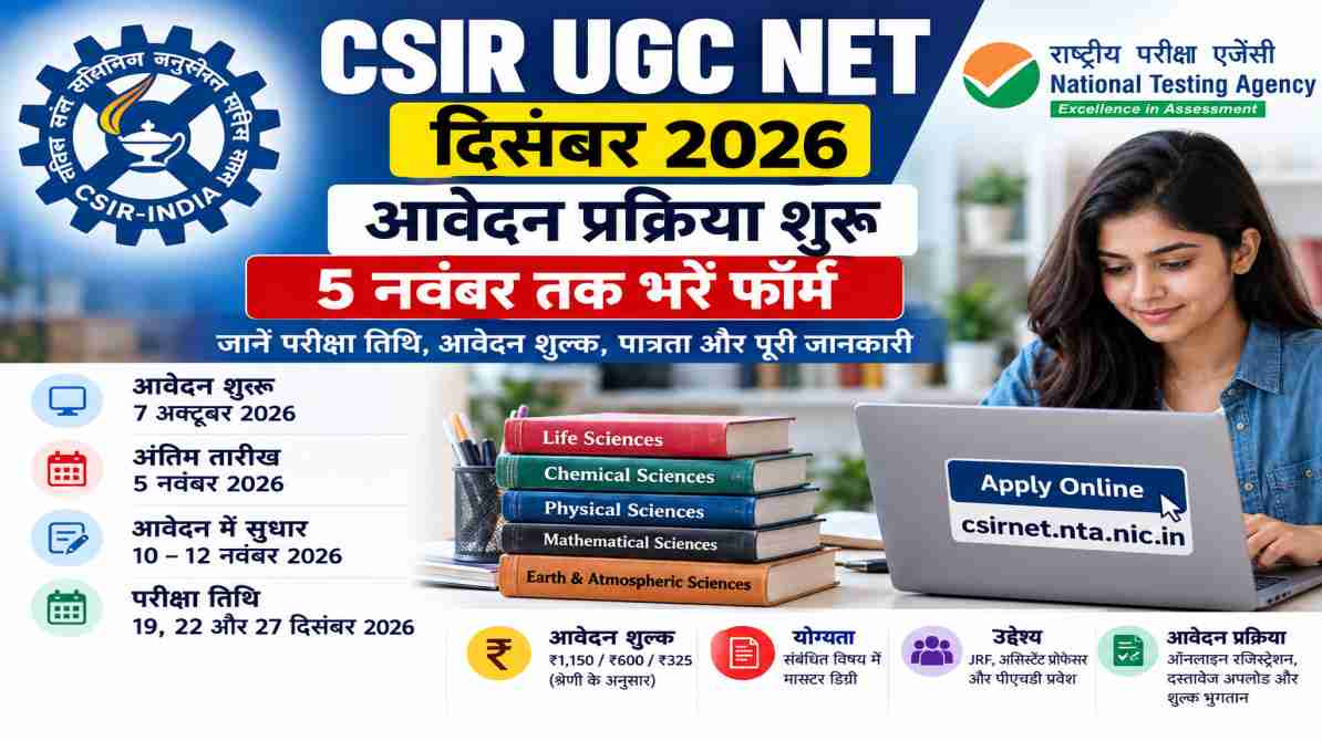CSIR UGC NET दिसंबर 2026 आवेदन शुरू, 5 नवंबर अंतिम तारीख